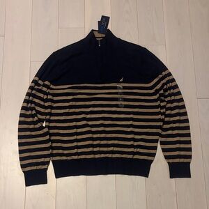 NWT Nautica Men's Black and Tan Quarter Zip-Up Sweater